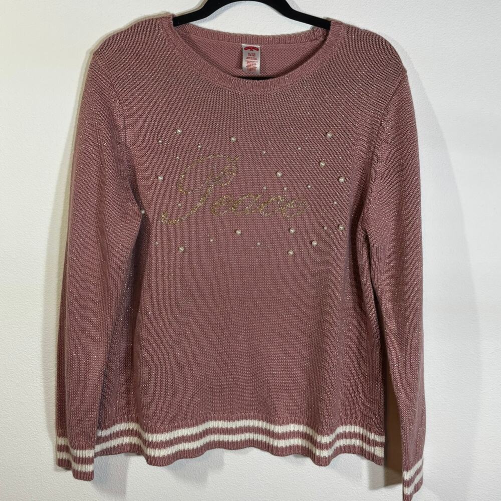 Holiday Time Peace Pink and Gold Christmas Sweater with Faux Pearls Size XL